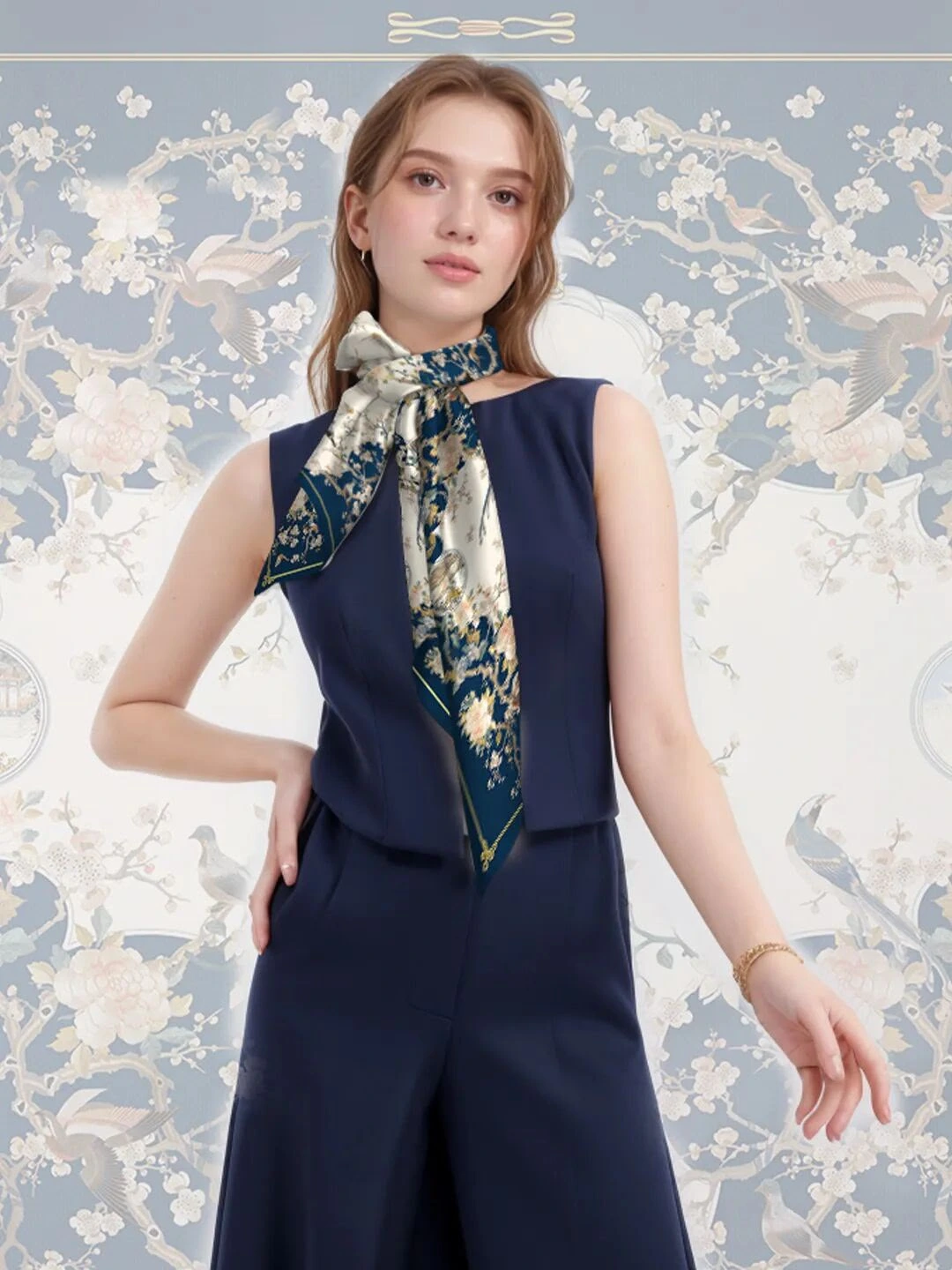 Model wearing the Nuit d’Étoiles silk scarf